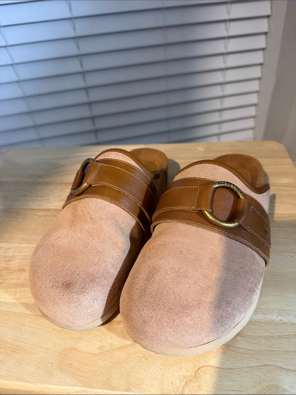See By Chloe Pink Suede Kids Slip-On Clogs with Brown Leather Strap